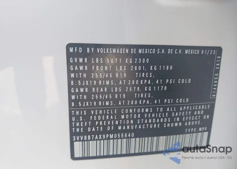 2023 Volkswagen Tiguan 2.0T Se R-Line Black z USA, uszkodzony, nr VIN 3VV8B7AX9PM055640